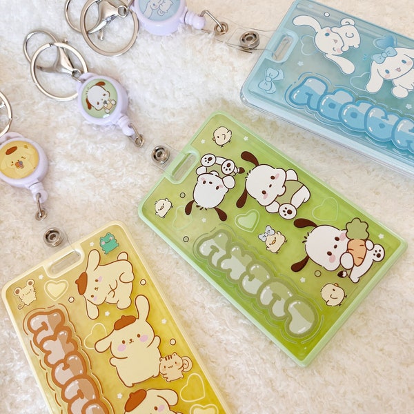 Cute Card Holder, Kawaii ID Retractable Badge Reel Holder, Japanese Cartoon Anime Wallet, Cute Present for Her, Dog Bear ID Badge Holder