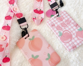 Lanyard de porte-carte esthétique pêche japonaise, porte-carte Kawaii, porte-badge d’identification fruité aux fruits, portefeuille animal Kawaii, clés de fruits aux baies