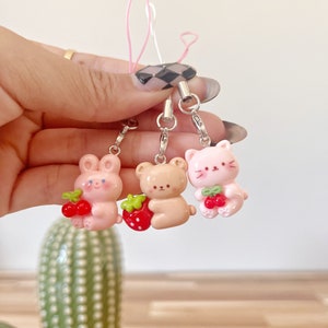 Kawaii Animal Keychain, Cute Bunny Rabbit Charms, Adorable Teddy Phone Charm, Kawaii Accessories, Cat Charm, Cherry/Strawberry Charms