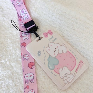 Bunny Rabbits and Strawberry Card Holder Lanyard, Kawaii Card Holder, Strawberry ID Badge Holder, Kawaii Animal Wallet, Berries Fruit Keys