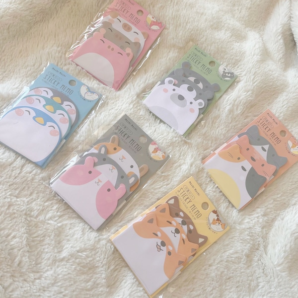 Cute Animal Sticky Notes, Dog Cat Panda Pig Hamster Bear Memo Sheets (15 sheets x 3 designs) Kawaii Japanese Memo Pads