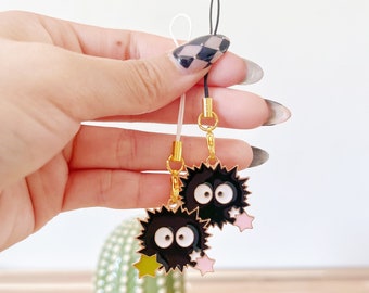 Black Poofball Phone Charm, Japanese Cartoon Anime Charm, Puffy Keychain/Accessory/Keyring, Kawaii gift, Cute present for her