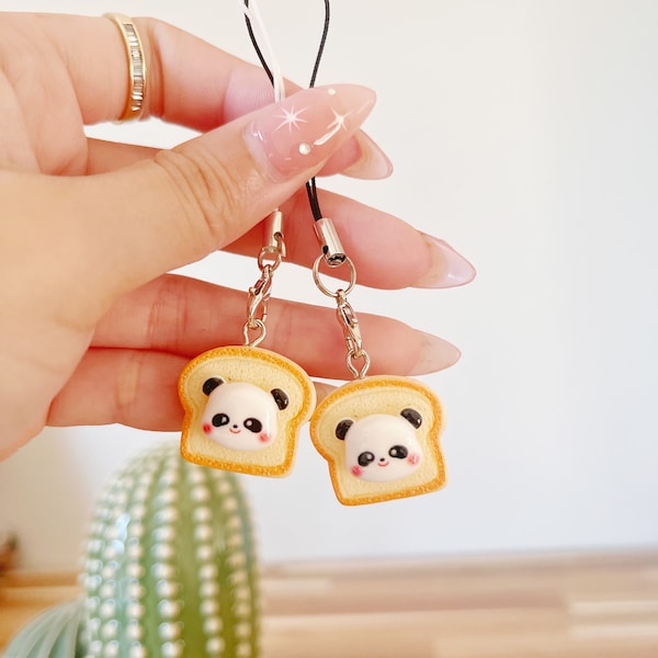 Panda Bread Phone Charm, Cute Panda Bear Keychain, Kawaii Toast Bear Charm, Black and White Bear Charm, Kawaii Accessories