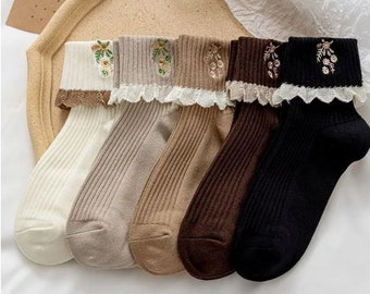 Coquette Fall Socks, Ruffle White Socks, Korean Crew Socks, Women's Long Socks, Women's Cute Crew Socks, Women's Ruffly Socks, Floral Socks
