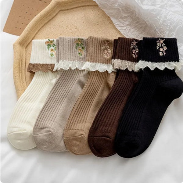 Coquette Fall Socks, Ruffle White Socks, Korean Crew Socks, Women's Long Socks, Women's Cute Crew Socks, Women's Ruffly Socks, Floral Socks