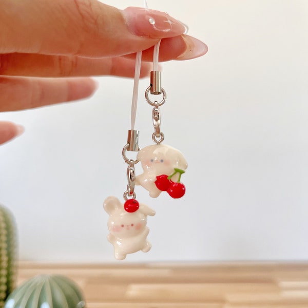 B - Grade Kawaii Animal Keychain, Cute Bunny Rabbit Charms, Adorable Phone Charm, Kawaii Accessories, Cat Charm, Cherry/Strawberry Charms