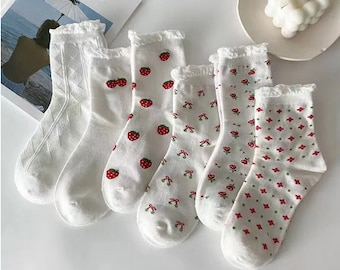 Coquette Socks, Ruffle White Socks, Korean Crew Socks, Women's Long Socks, Women's Cute Crew Socks, Women's Ruffly Socks, Rose Socks