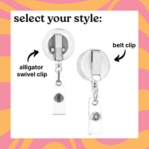 May include: Two clear retractable badge holders with different clip styles. The left holder has an alligator swivel clip and the right holder has a belt clip. Both holders have a clear plastic strap and a white plastic badge holder.