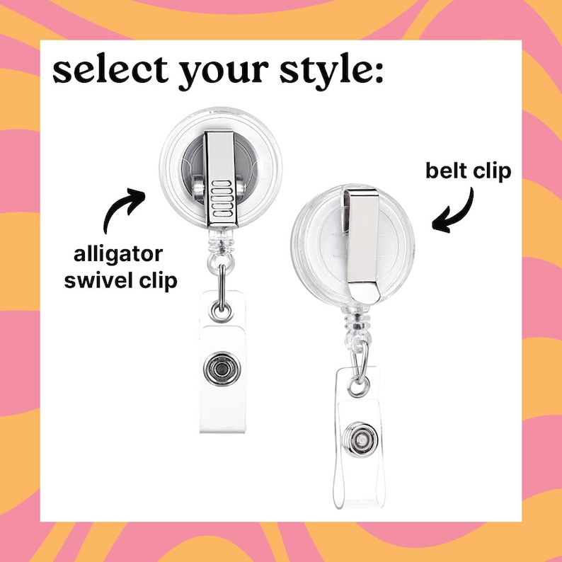 May include: Two clear retractable badge holders with different clip styles. The left holder has an alligator swivel clip and the right holder has a belt clip. Both holders have a clear plastic strap and a white plastic badge holder.