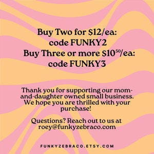May include: Pink and yellow striped background with text that reads "Buy Two for &pound;12/ea: code FUNKY2 Buy Three or more &pound;10/ea: code FUNKY3 Thank you for supporting our mom-and-daughter owned small business. We hope you are thrilled with your purchase! Questions? Reach out to us at roey@funkyzebraco.com FUNKYZEBRACO.ETSY.COM"