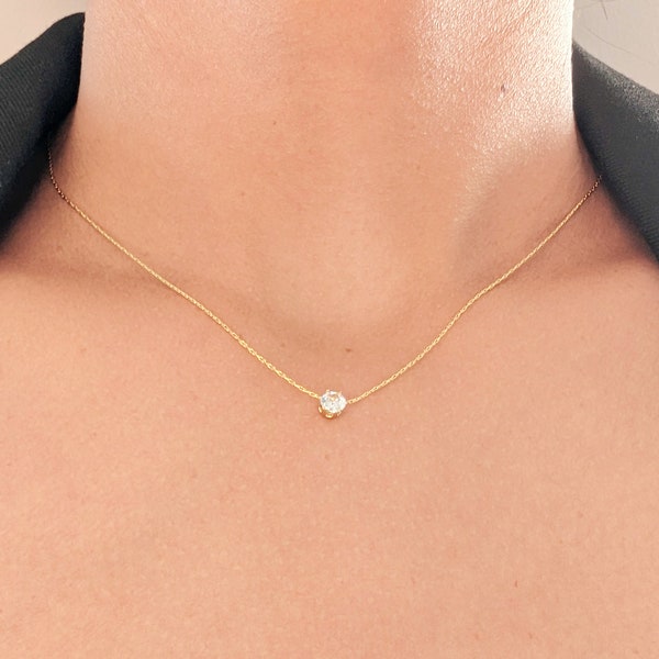 18K Gold Dainty Zirconia Necklace,Minimalist Chain Necklace,Bridesmaid Gift,Crystal Necklace,Floating Diamond, Gold CZ Necklace,Gift for her