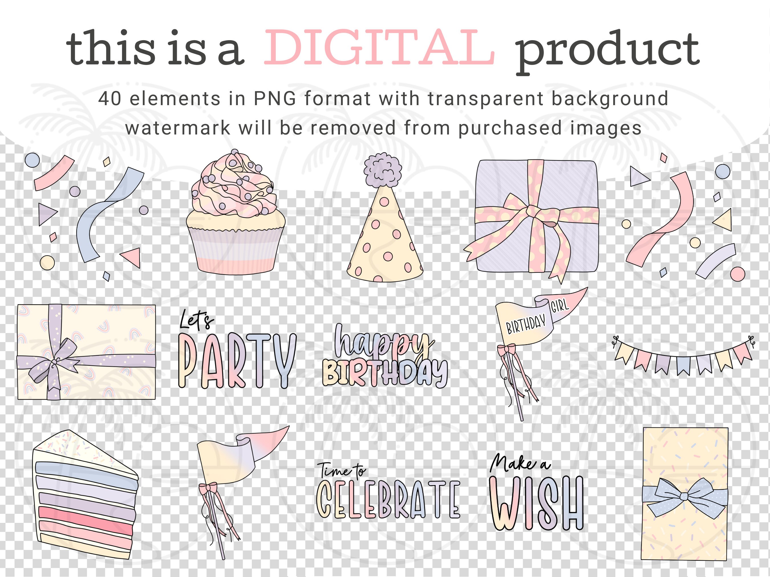 Pastel Birthday Clipart Happy Birthday, Instant Download, PNG, Planner