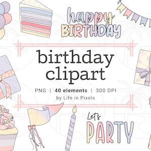 Pastel Birthday Clipart - Happy Birthday,  Instant Download, PNG, Planner Stickers, Feliz cumpleaños Clip art | Personal and Commercial Use