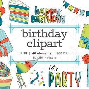 Colorful Birthday Clipart - Happy Birthday,  Instant Download, PNG, Planner Stickers, Feliz cumpleaños Clip art | Personal & Commercial Use