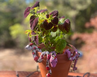 Flower Pot Snake Buddy, Strawberry + Rose Hand-Crafted Clay Sculpture, Cute Highly Detailed