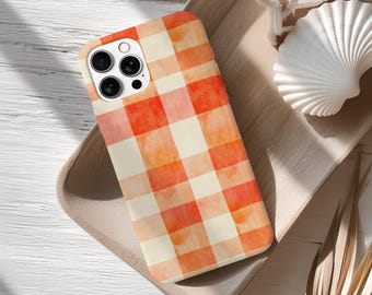 Watercolor Checkered iPhone Case, Personalized Orange Gingham Phone Case, Custom Initials Phone Cover, Cute Monogram Gift