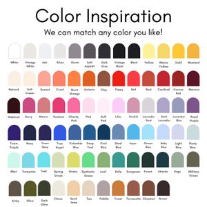 May include: A color palette chart with a variety of colors, including white, black, yellow, red, and blue. The text at the top says "Color Inspiration" and "We can match any color you like!"