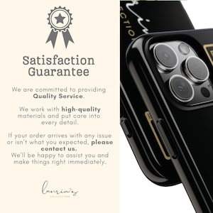 May include: Black phone case with gold accents, featuring a triple-lens camera cutout. The case has the text "Satisfaction Guarantee" and a logo. The text also states the company's commitment to quality service and materials.