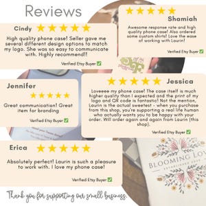 May include: Image of customer reviews for phone cases and custom shirts. The reviews are displayed on tan-colored cards with gold star ratings. The text includes positive feedback about the product quality and customer service. The shop name is Blooming Love.
