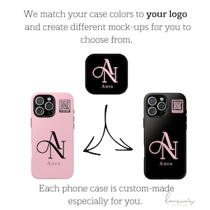 May include: Pink and black phone cases with a custom logo and the text "Aura". The image shows the phone cases with the logo and the text "We match your case colors to your logo and create different mock-ups for you to choose from."