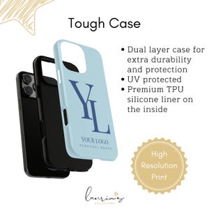 May include: A light blue phone case with a dark blue "YL" logo and the text "YOUR LOGO PERSONAL BRAND". The case is a dual-layer design for extra durability and UV protection. The inside has a premium TPU silicone liner. The words "Tough Case" are at the top.