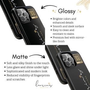 May include: Black phone cases with the text "lauring collections" and a gold star design. The image highlights the differences between glossy and matte finishes, with descriptions of each.