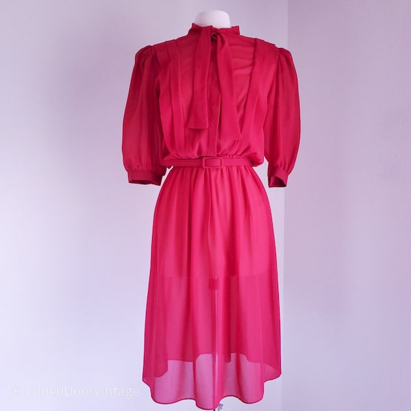 Vintage Union Made 80s Sheer Raspberry Red Polyester Crepe Pintucked Blouson Shirt Dress Stretch Waist Women's 1980s Fashion