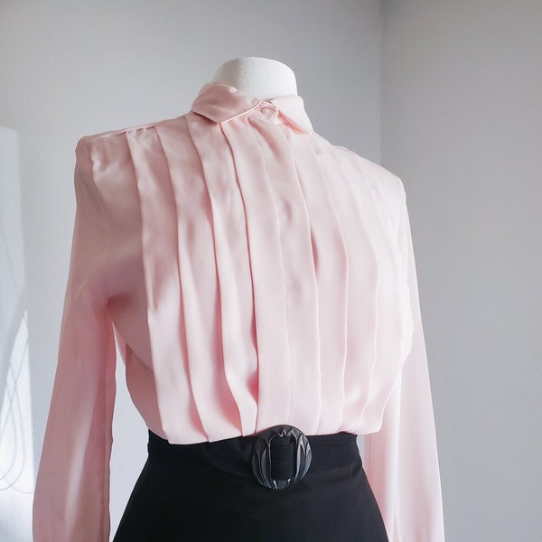 70's Vintage, Baby Pink, Laura Mae, Long Sleeve, Pleated Button Down Blouse, Women's Fashion, Classic Style, Retro Chic, Pastel Palette