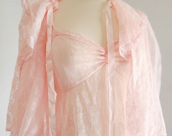 Vintage Donna Richard for Gilligan & O'Malley Baby Pink Lace Peignoir Night Gown and Bed Jacket