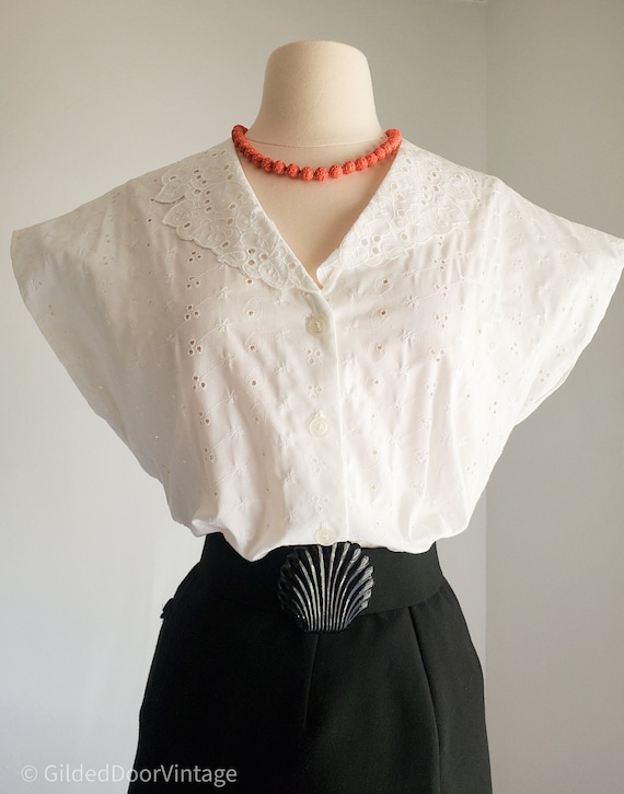 Vintage 80s White Eyelet Cotton Blouse Button Down