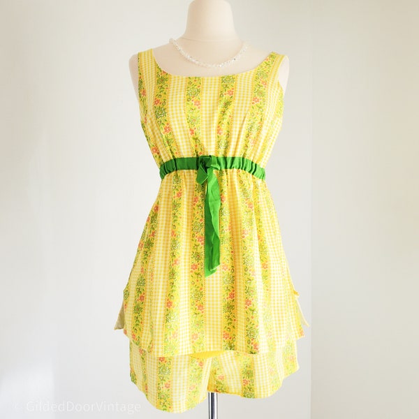 RARE 1950s Vintage Maternity Swim Romper by Chas L Lewis Hollywood, Yellow Gingham & Floral Two Piece Size Small