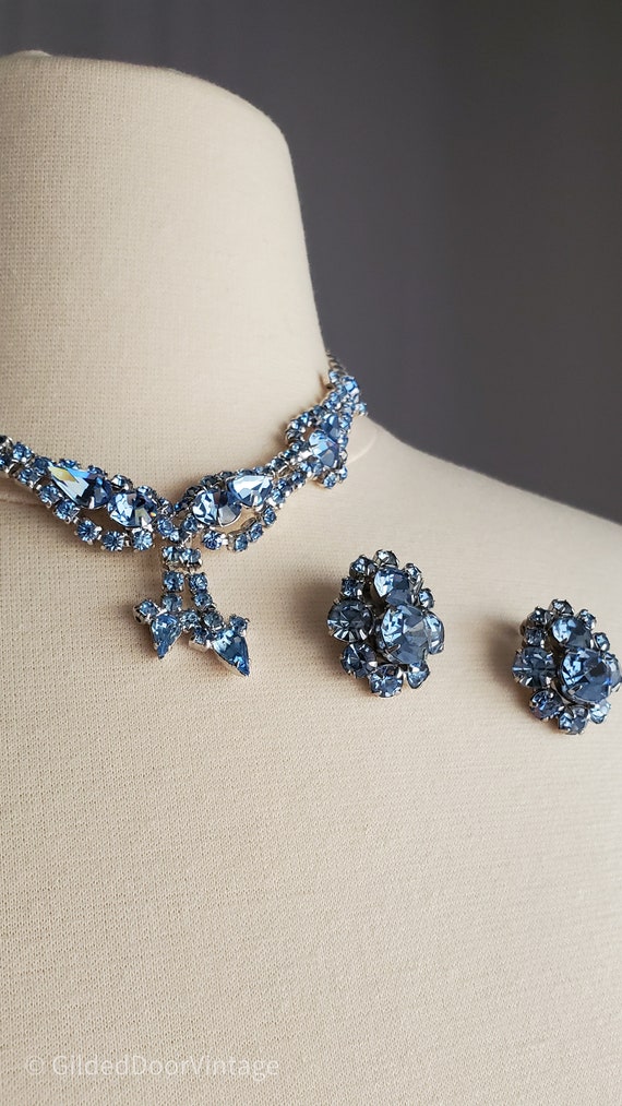 Vintage Ice Blue 1950s-60s Rhinestone Necklace & E