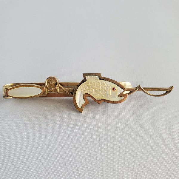 Vintage Mother of Pearl Collar Clip Fishing Rod Fish Gold Tone Jewelry 1940s 1950s Uniques Jewelry Post WWII Fly Fisherman Fish Outdoors