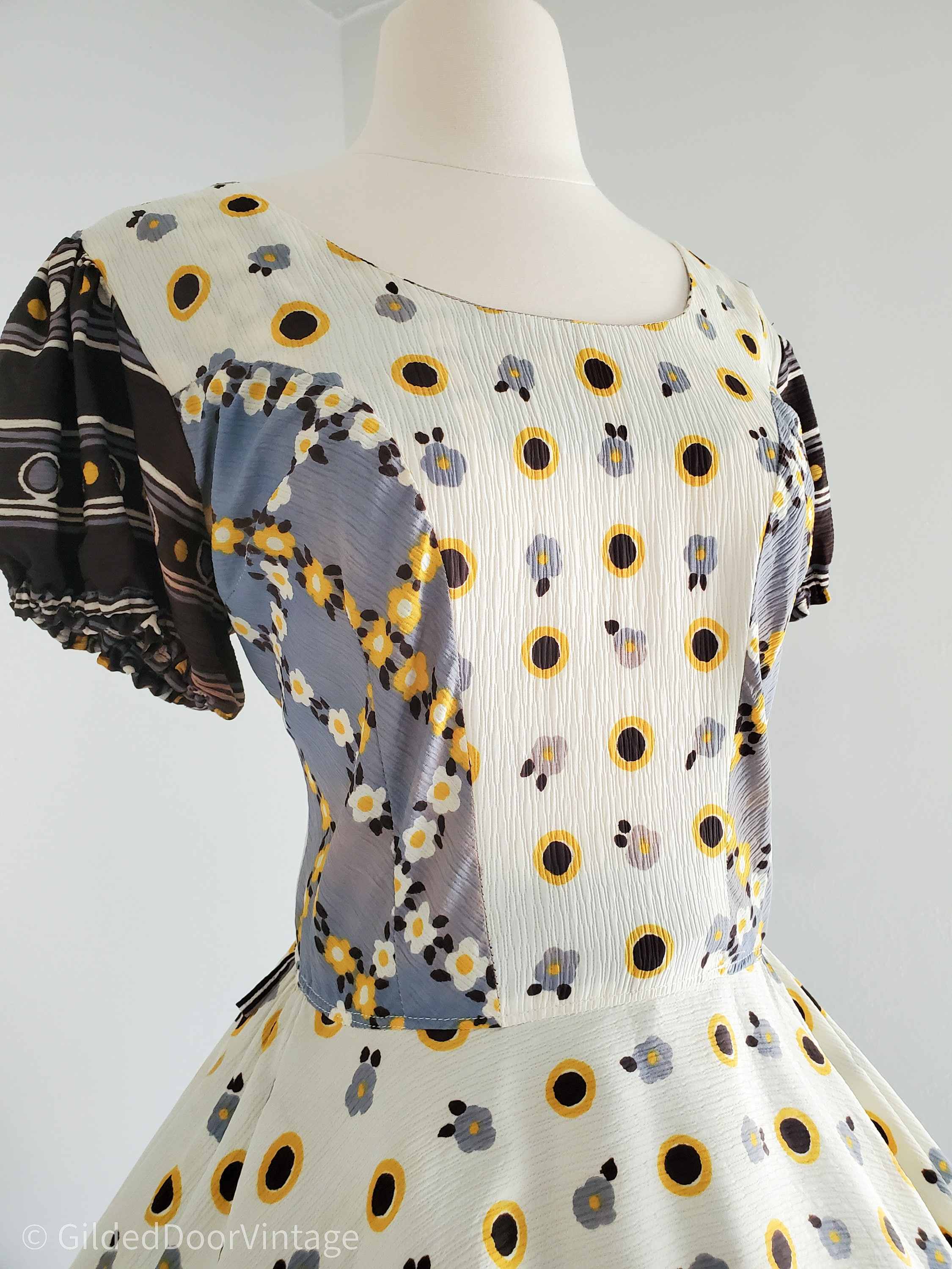 Vintage square dancing dress polka dots blue and yellow by western
