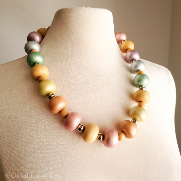 Vintage 1980s Pastel Rainbow Wooden Necklace, Beaded, Oversized ,Statement Piece, Pride, Spring, Easter, Summer, Party Jewels, Silver Beads