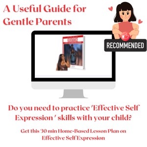 May include: A computer screen displaying a magazine cover with the title "Encourage" and the text "A Useful Guide for Gentle Parents". The screen is on a white background with a cartoon woman with a thumbs up and the word "RECOMMENDED" in a red box.