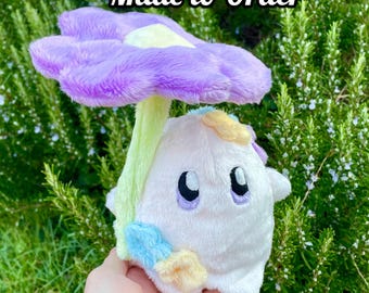 Hand-Crafted Plush, Made to Order - Ghost Sprite Plush with Posable Wired Violet Flower