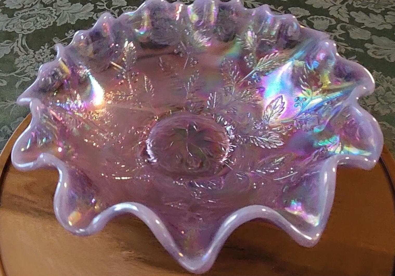 Rarest Fenton Lilac Purple Carnival Glass Ruffled Bowl Circa 1990s