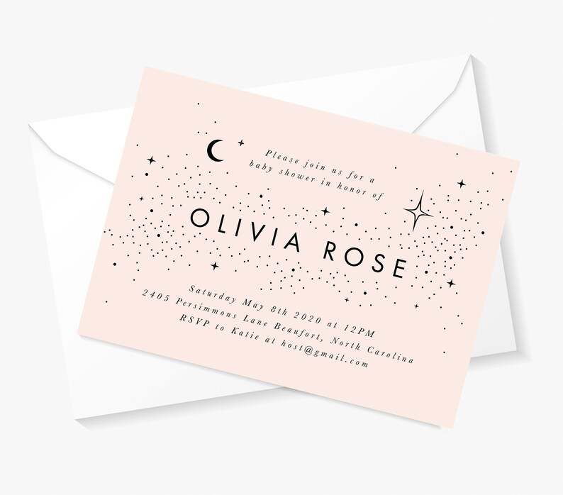 Chic Traditional Celestial Astrological Stars Twinkle Baby Shower Printable Invitation Customized Digital Download