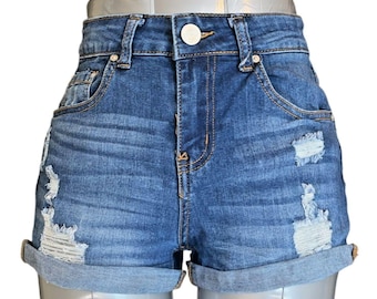 Shorts Indigo Rein para mujer, 3, elásticos, de talle alto, de mezclilla desgastada (W26 L2)