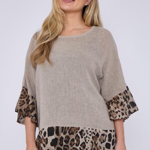 Haut respirant en mélange de lin et de coton avec détails léopard. Vêtements d'été en lin pour sachets de thé.  Taille 10-16