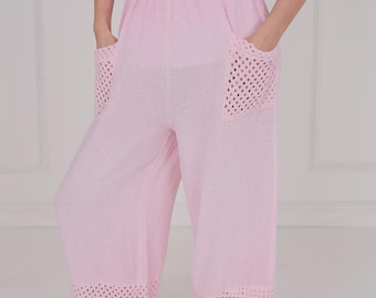 Washed Linen Barrel Leg Mesh Trouser , Italian Linen Cotton Pants, Fits size 8-14