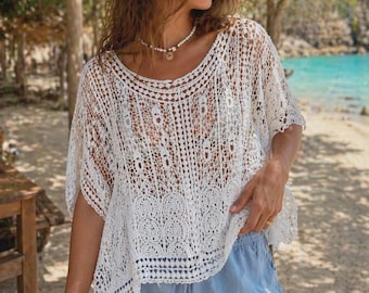 Crochet Seam Drop Neck Poncho, Fine Cotton Summer Beach Cover-Up, Holiday Wear One Size 8-16