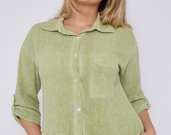 Linen Cotton Blend Cropped Shirt: One Pocket, Made in Italy (UK 8-14)
