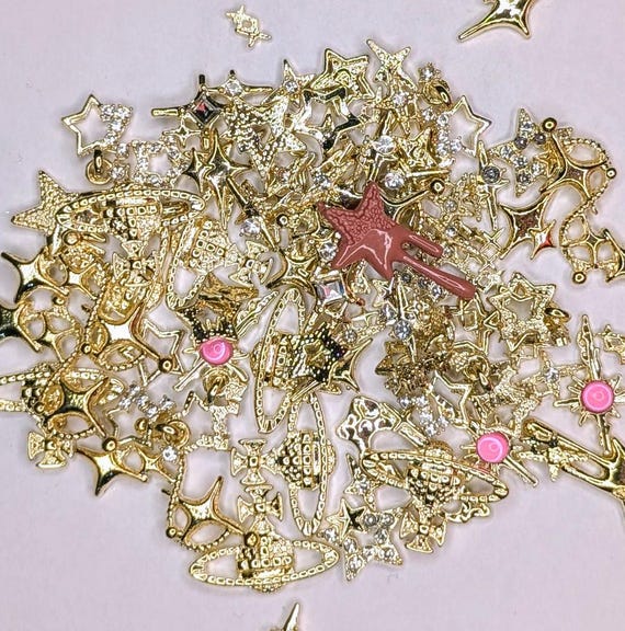 Decoden Nail Art Charms – Gold Color Alloy Stars & Starburst Gems | 3D Nail Charms for Acrylic Nails, Junk Phone Cases, DIY Crafts