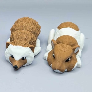 May include: Two small, brown and white animal figurines. One is a hedgehog with a curled up body and the other is a hamster with a white belly.