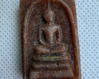 Antique Thai Buddhist Phra Somdej Amulet | Embedded Takrut | Dark Lacquered Clay Tablet | Sacred Thailand Talisman | Wealth, Luck, Power