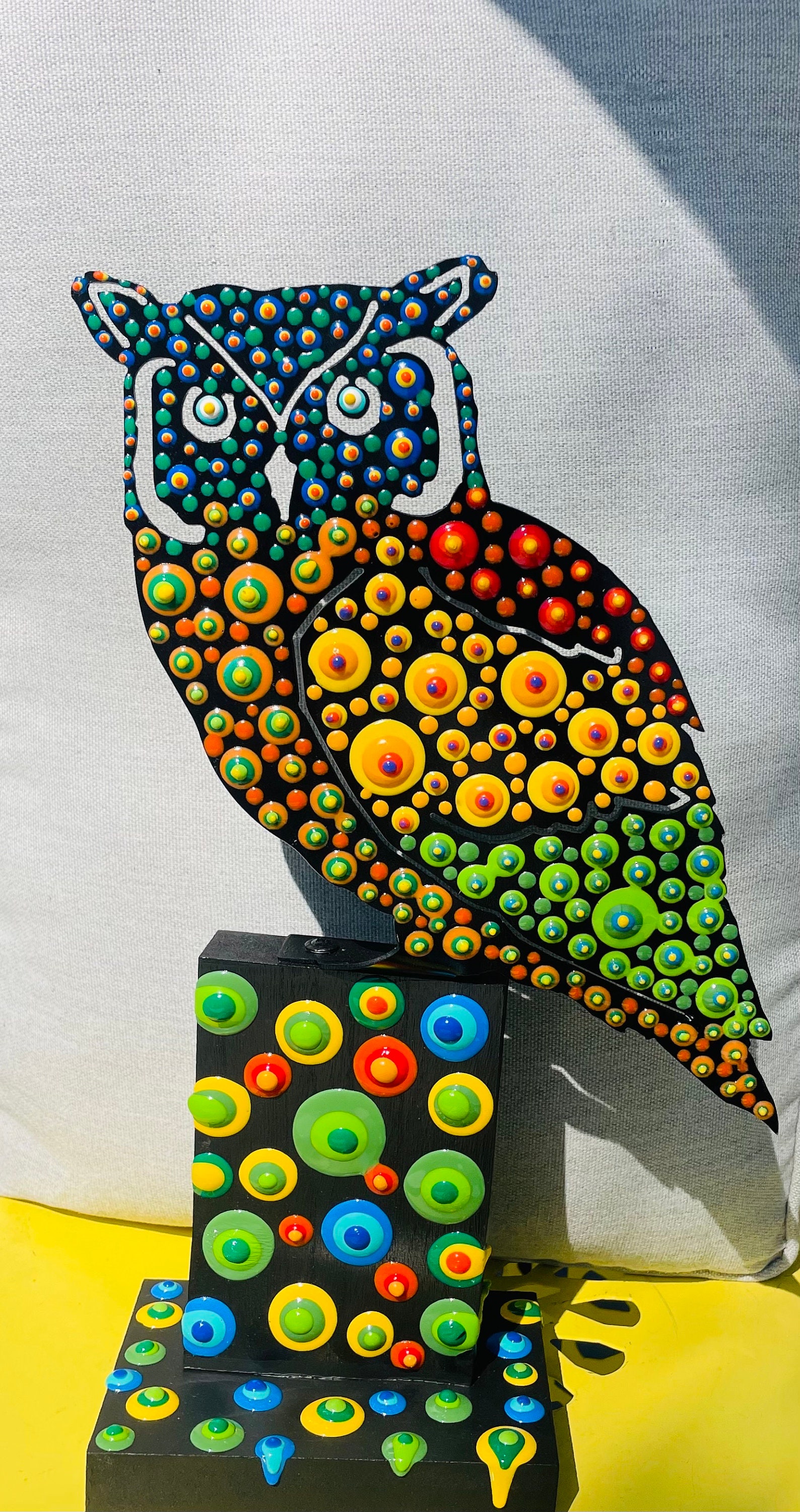 Metal Owl w/“DROPS”.        Wooden Base