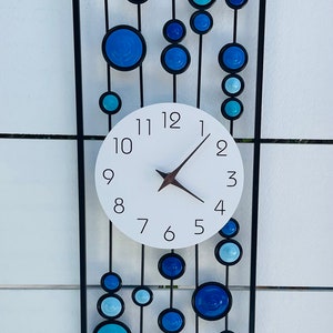 Wall Panel/Clock “Brilliant Blues” Mid Century Modern                                         36in x 10in Metal