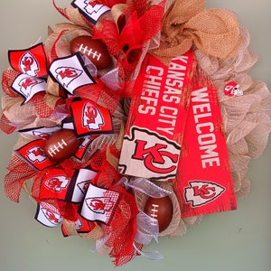 Kansas City Chiefs football wreath, with official NFL products. Fairy Lights optional. Wreath hanger included